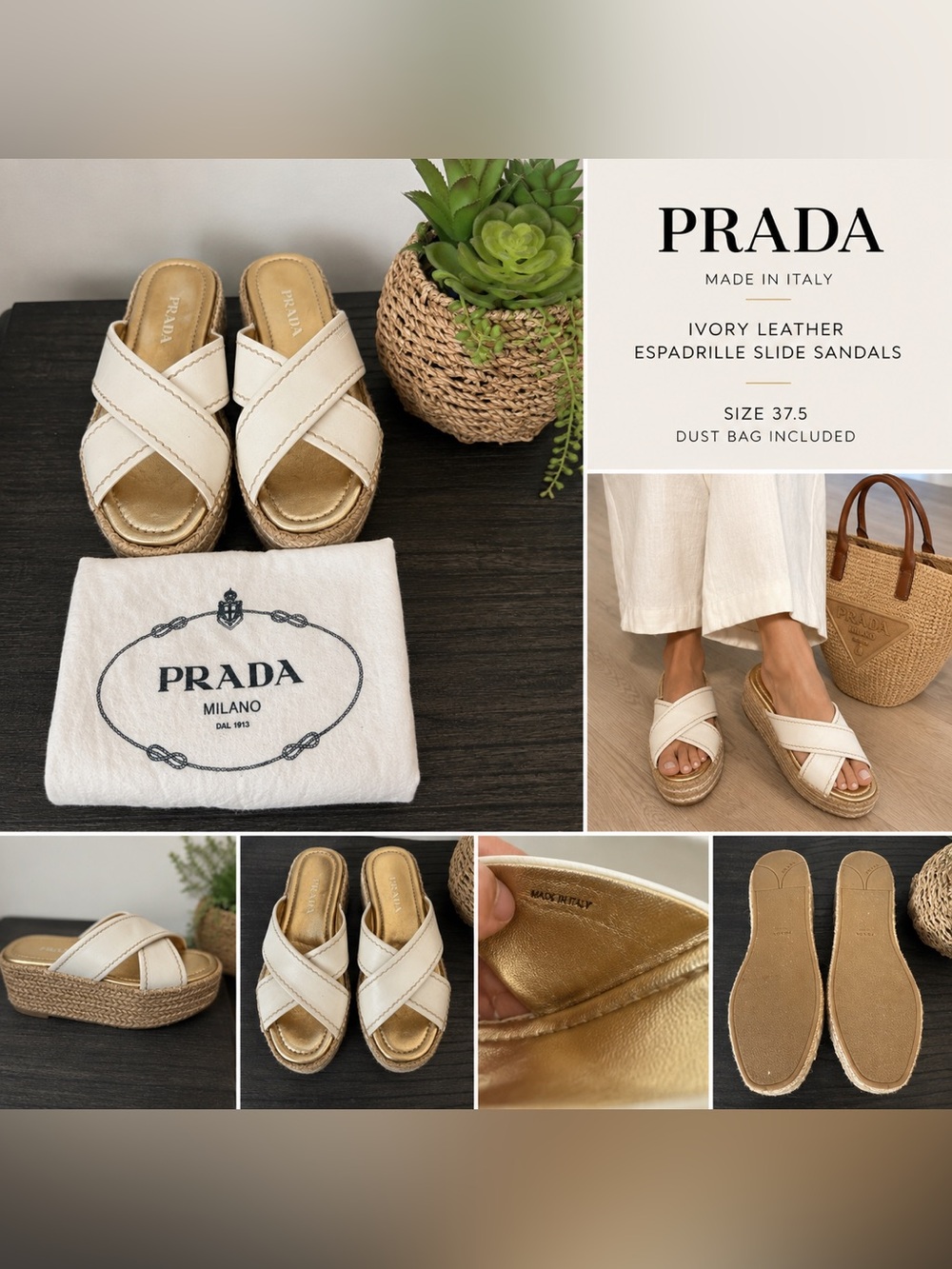PRADA Ivory Leather Espadrille Platform Slide Sandals – EU 37.5